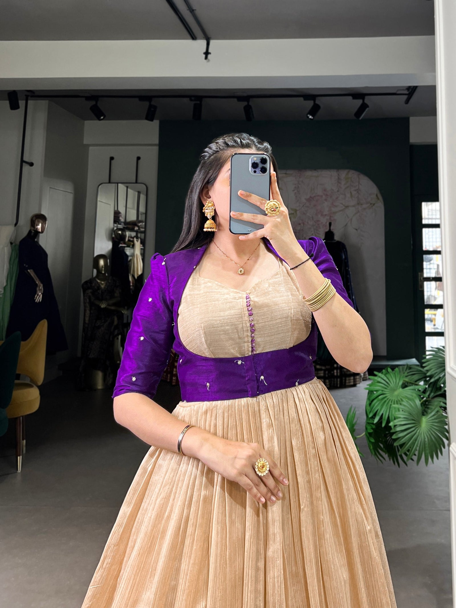 Purple Elegant Green Silk Printed Gown with Embroidered Banglory Koti ClothsVilla