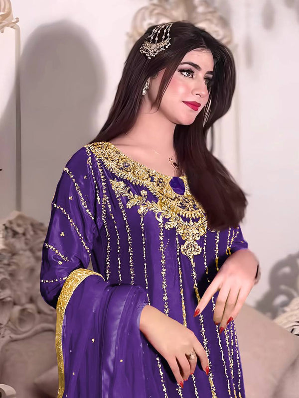 Purple Elegant Heavy Chinon Silk Embroidered Palazzo Set with Rivet Moti & 5mm Sequin Work – Fully Stitched with Dupatta ClothsVilla