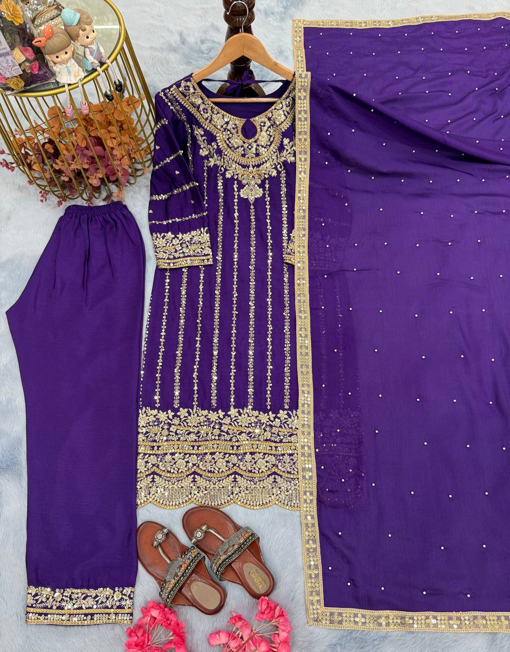 Purple Elegant Heavy Chinon Silk Embroidered Palazzo Set with Rivet Moti & 5mm Sequin Work – Fully Stitched with Dupatta ClothsVilla