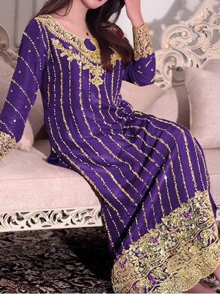 Purple Elegant Heavy Chinon Silk Embroidered Palazzo Set with Rivet Moti & 5mm Sequin Work – Fully Stitched with Dupatta ClothsVilla