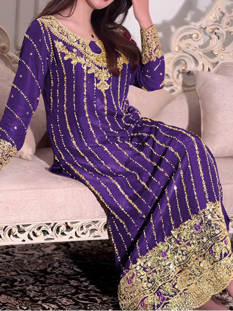 Purple Elegant Heavy Chinon Silk Embroidered Palazzo Set with Rivet Moti & 5mm Sequin Work – Fully Stitched with Dupatta ClothsVilla Main image