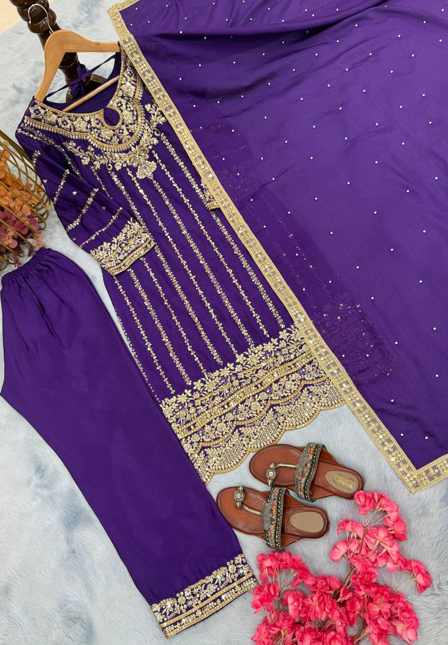 Purple Elegant Heavy Chinon Silk Embroidered Palazzo Set with Rivet Moti & 5mm Sequin Work – Fully Stitched with Dupatta ClothsVilla