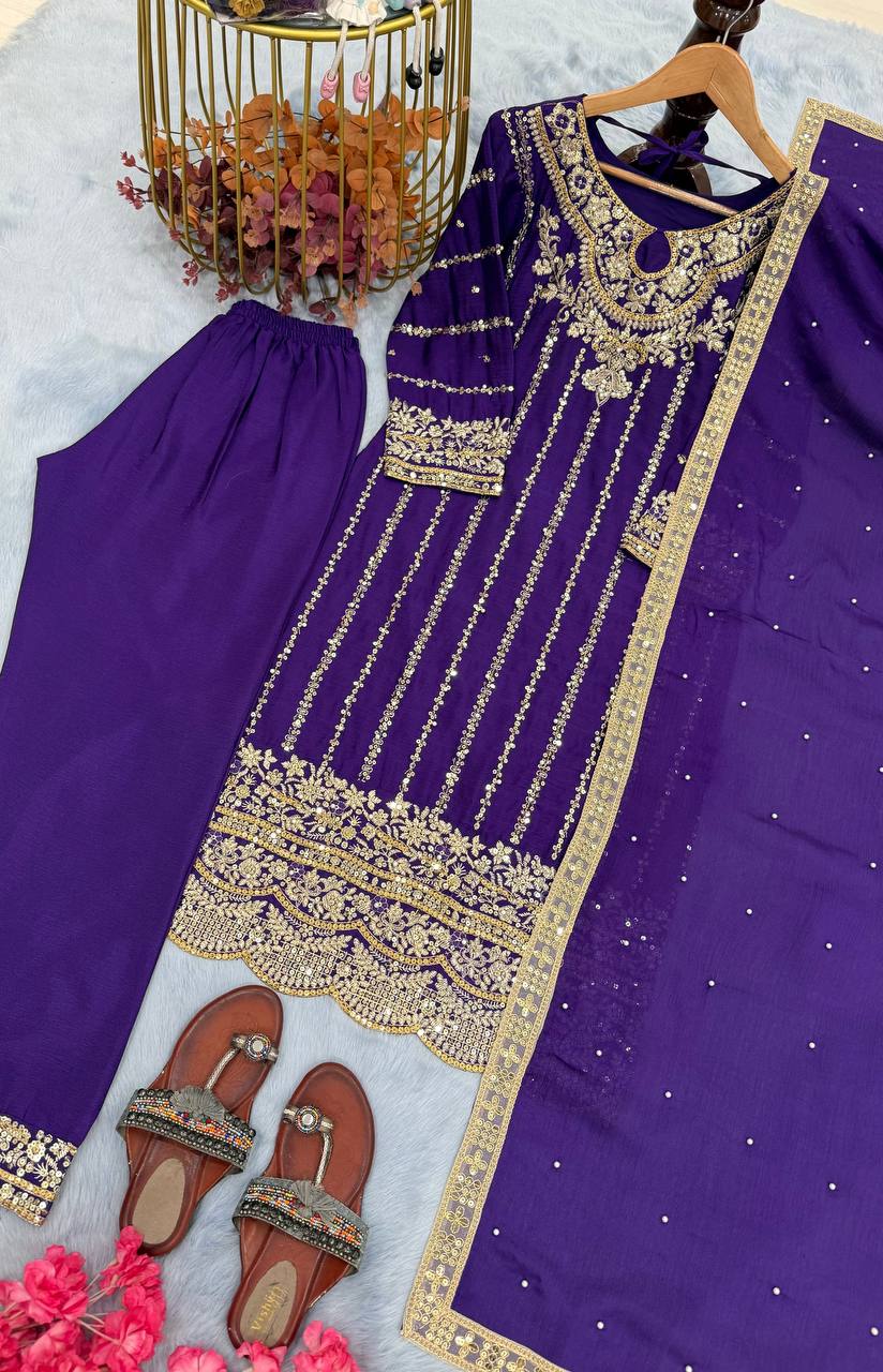 Purple Elegant Heavy Chinon Silk Embroidered Palazzo Set with Rivet Moti & 5mm Sequin Work – Fully Stitched with Dupatta ClothsVilla