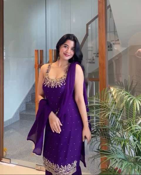Purple Elegant Heavy Faux Georgette Handworked Top with Palazzo & Dupatta Set ClothsVilla Main image