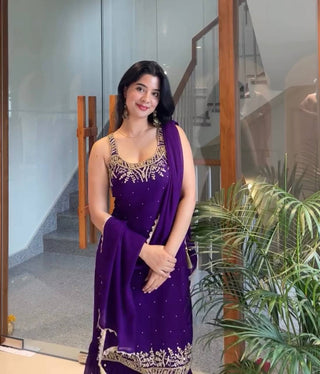 Purple Elegant Heavy Faux Georgette Handworked Top with Palazzo & Dupatta Set ClothsVilla
