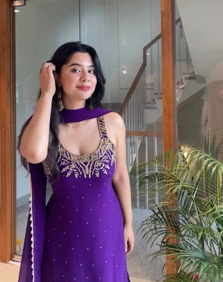 Purple Elegant Heavy Faux Georgette Handworked Top with Palazzo & Dupatta Set ClothsVilla