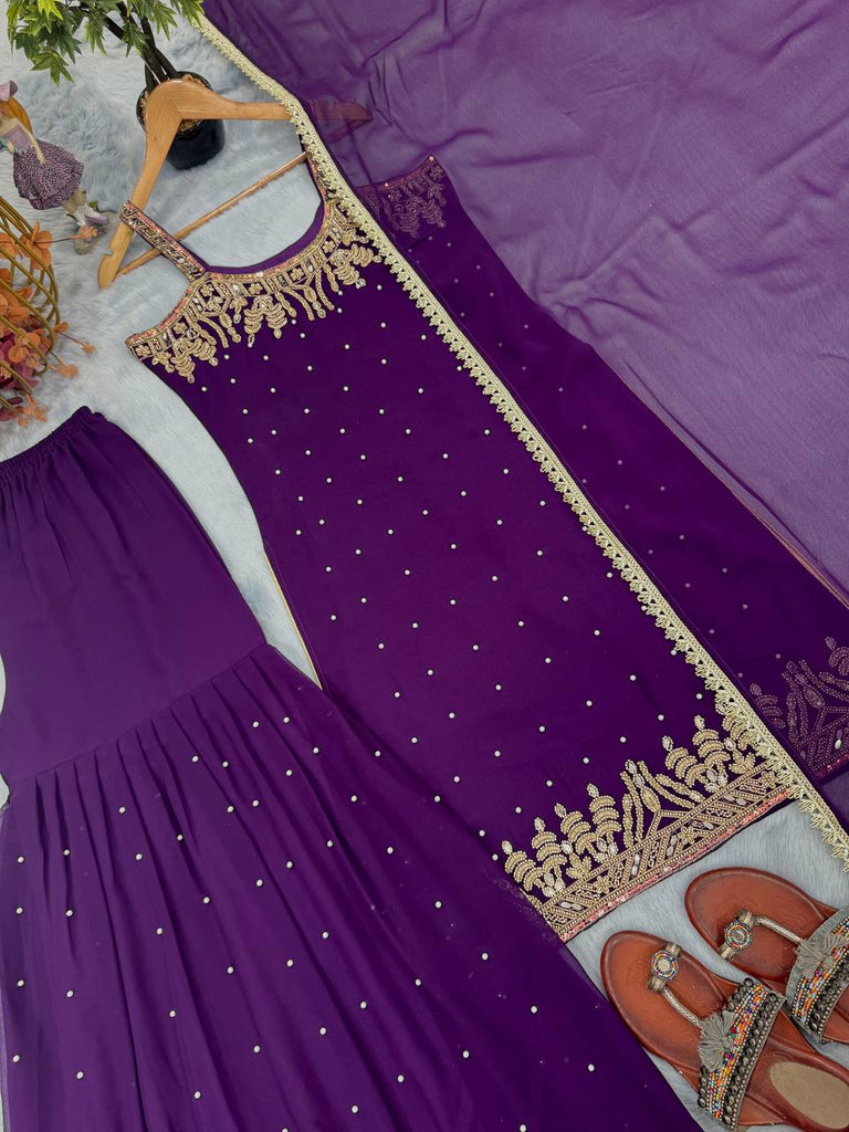 Purple Elegant Heavy Faux Georgette Handworked Top with Palazzo & Dupatta Set ClothsVilla