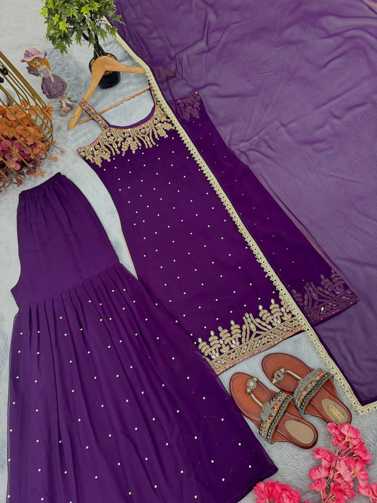 Purple Elegant Heavy Faux Georgette Handworked Top with Palazzo & Dupatta Set ClothsVilla