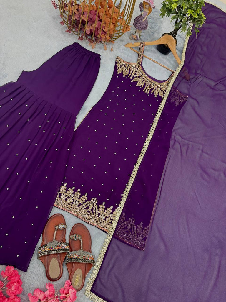Purple Elegant Heavy Faux Georgette Handworked Top with Palazzo & Dupatta Set ClothsVilla