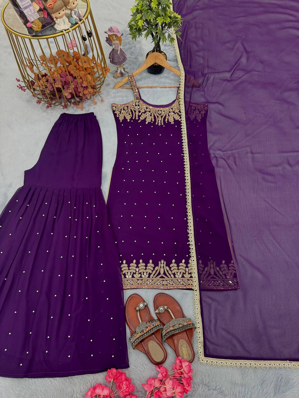 Purple Elegant Heavy Faux Georgette Handworked Top with Palazzo & Dupatta Set ClothsVilla