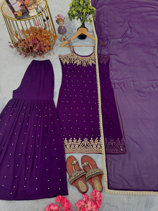 Purple Elegant Heavy Faux Georgette Handworked Top with Palazzo & Dupatta Set ClothsVilla