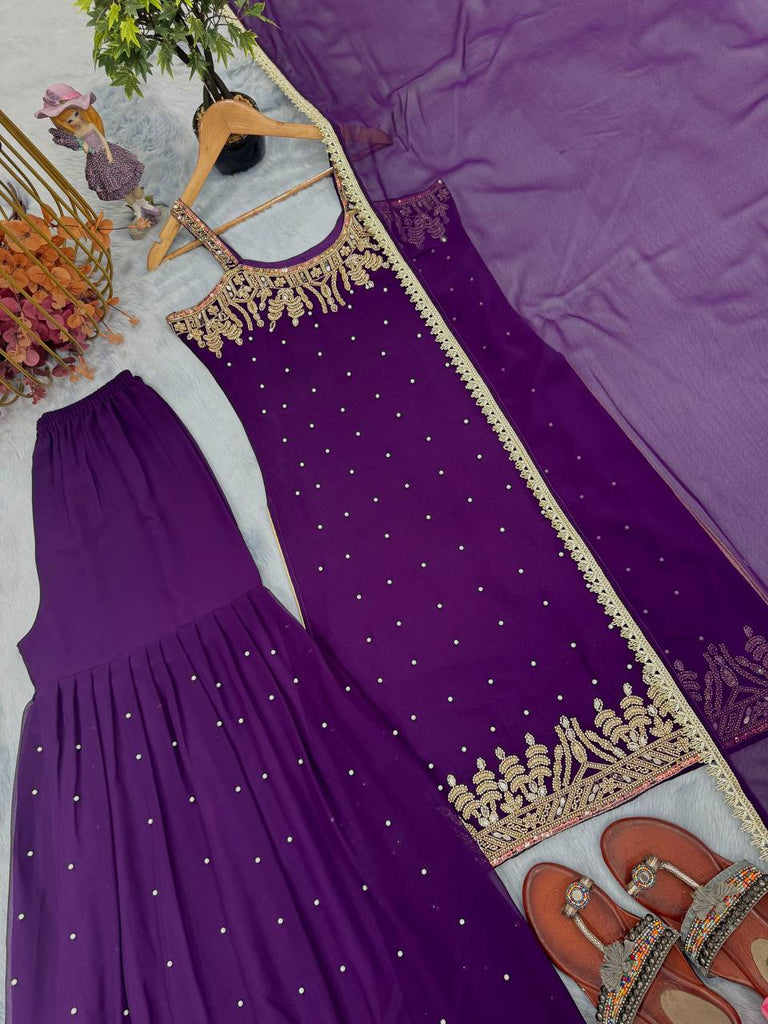 Purple Elegant Heavy Faux Georgette Handworked Top with Palazzo & Dupatta Set ClothsVilla