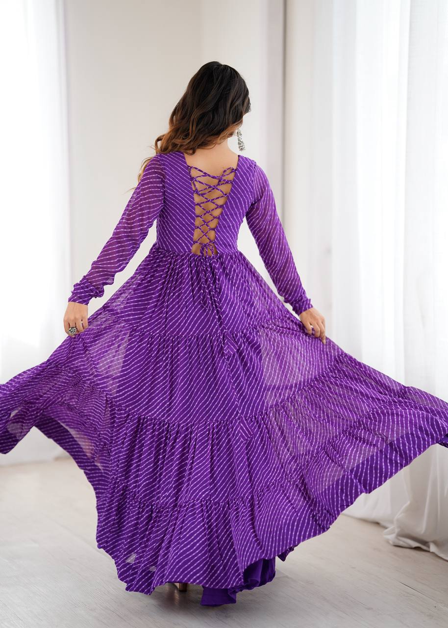 Purple Elegant Heavy Fox Georgette Laheriya Anarkali Gown with Gamthi Work ClothsVilla