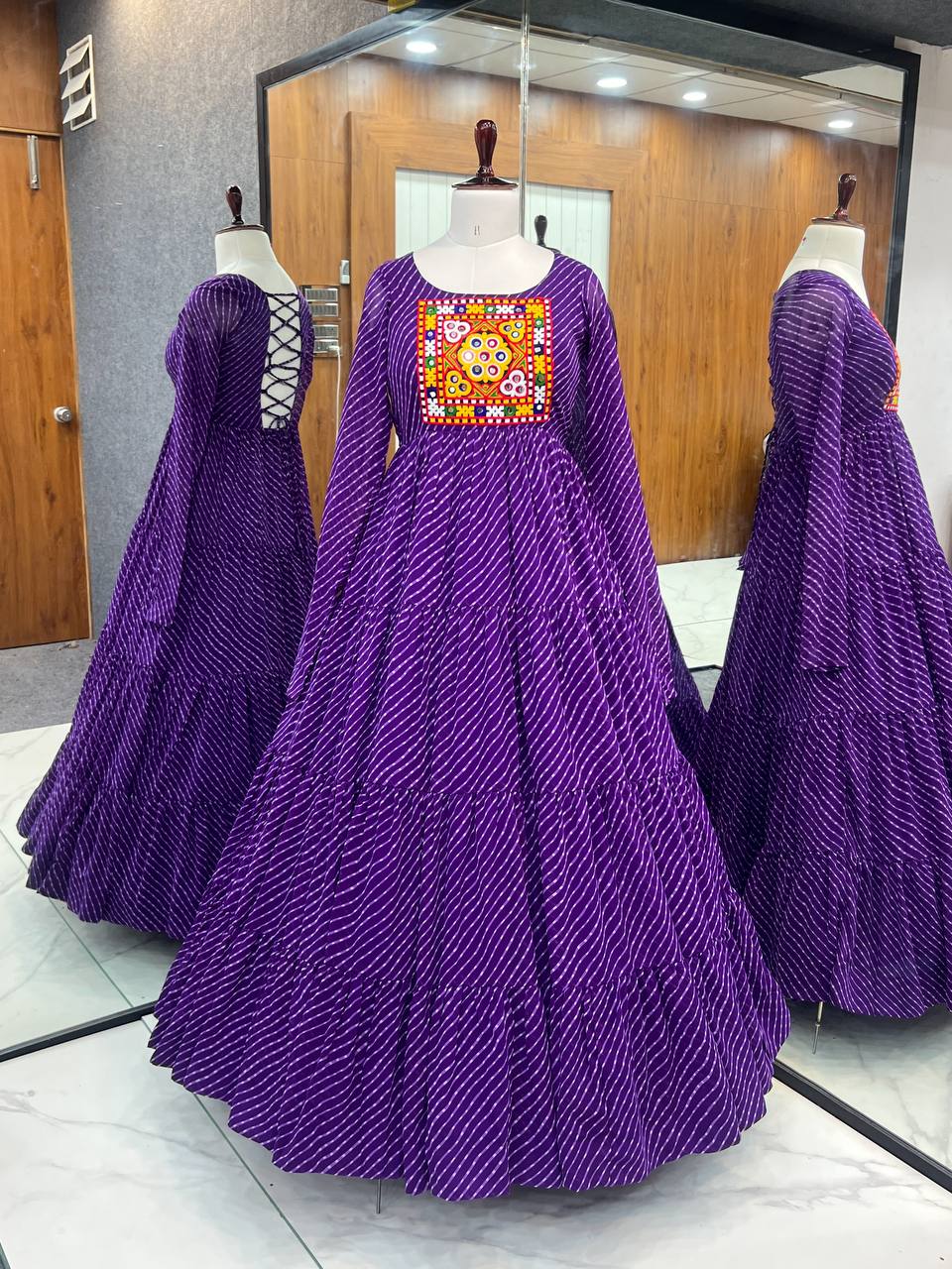Purple Elegant Heavy Fox Georgette Laheriya Anarkali Gown with Gamthi Work ClothsVilla