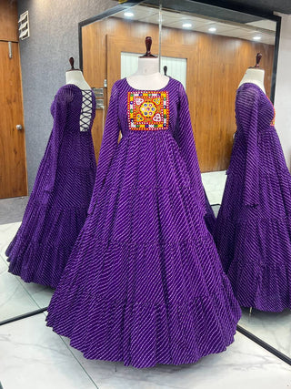 Purple Elegant Heavy Fox Georgette Laheriya Anarkali Gown with Gamthi Work ClothsVilla