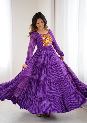 Purple Elegant Heavy Fox Georgette Laheriya Anarkali Gown with Gamthi Work ClothsVilla