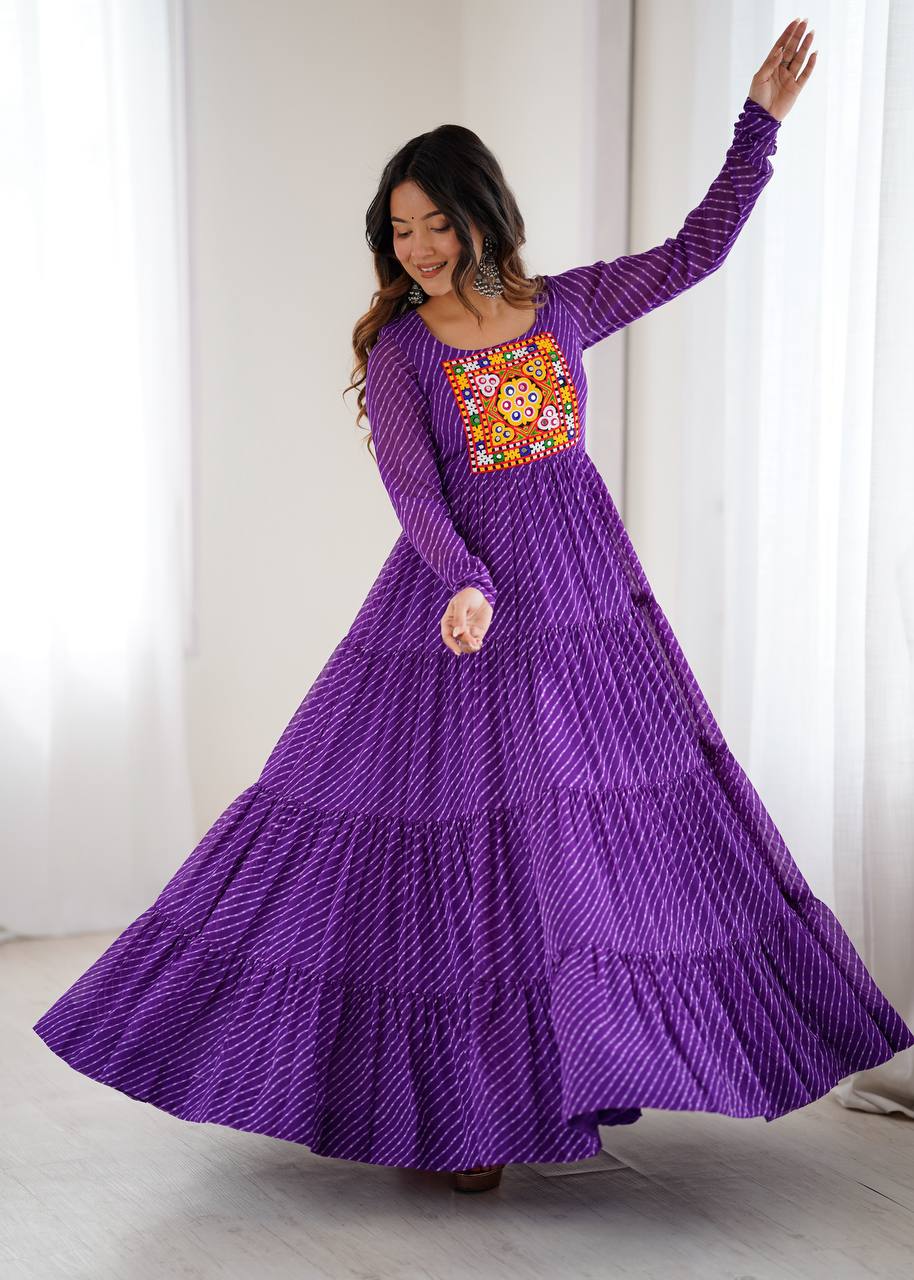 Purple Elegant Heavy Fox Georgette Laheriya Anarkali Gown with Gamthi Work ClothsVilla