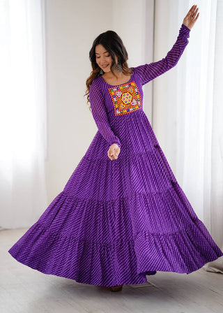 Purple Elegant Heavy Fox Georgette Laheriya Anarkali Gown with Gamthi Work ClothsVilla