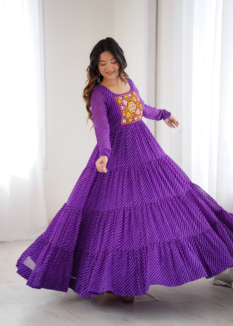 Purple Elegant Heavy Fox Georgette Laheriya Anarkali Gown with Gamthi Work ClothsVilla
