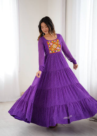 Purple Elegant Heavy Fox Georgette Laheriya Anarkali Gown with Gamthi Work ClothsVilla