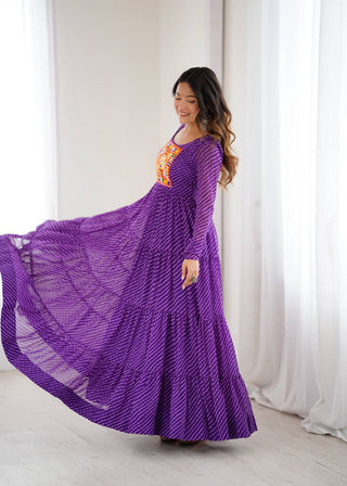 Purple Elegant Heavy Fox Georgette Laheriya Anarkali Gown with Gamthi Work ClothsVilla