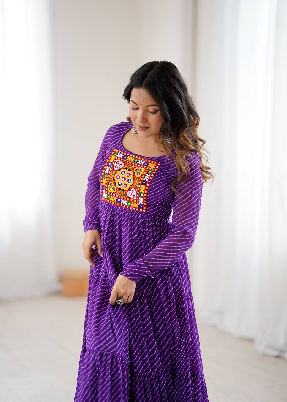 Purple Elegant Heavy Fox Georgette Laheriya Anarkali Gown with Gamthi Work ClothsVilla
