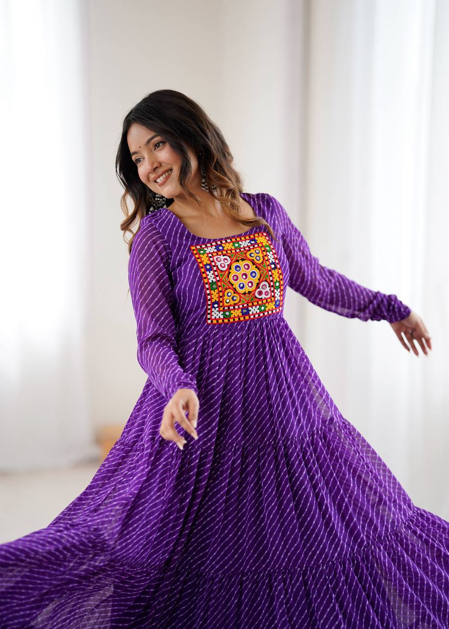 Purple Elegant Heavy Fox Georgette Laheriya Anarkali Gown with Gamthi Work ClothsVilla