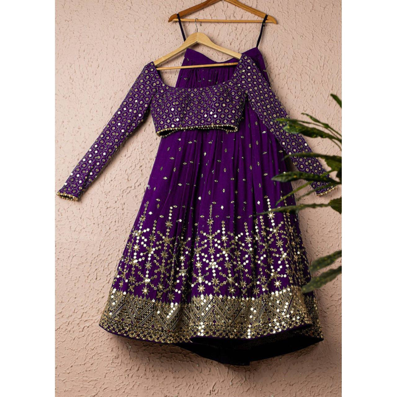 Purple Elegant Heavy Georgette Embroidered Lehenga Set with Sequins & Moti Border Dupatta ClothsVilla Main image