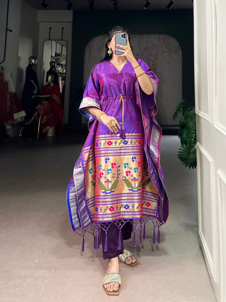 Purple Elegant Jacquard Paithani Kaftan with Zari Weaving Work ClothsVilla