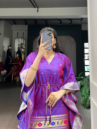 Purple Elegant Jacquard Paithani Kaftan with Zari Weaving Work ClothsVilla