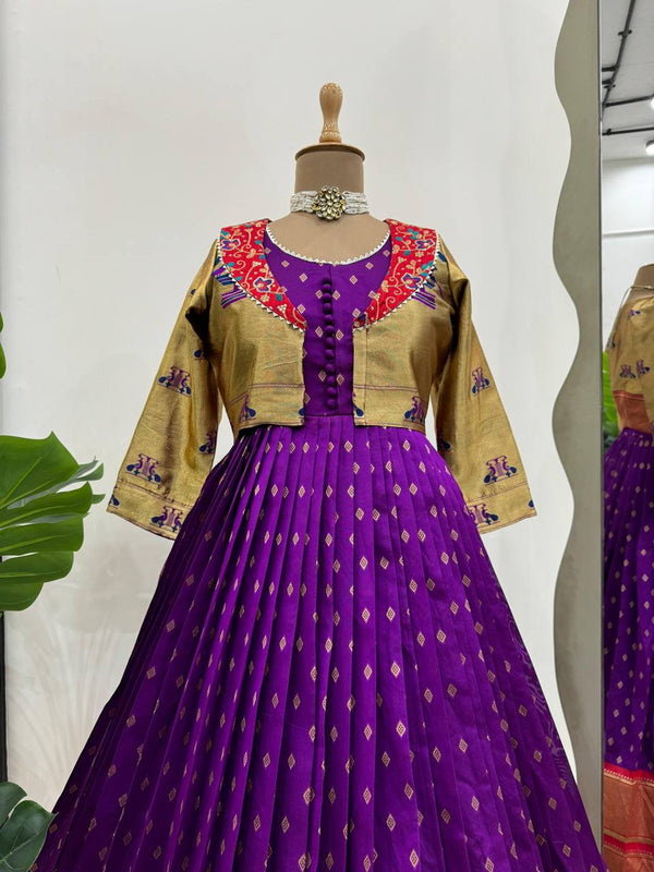 Purple Elegant Jequrd Silk Gown with Koti ClothsVilla