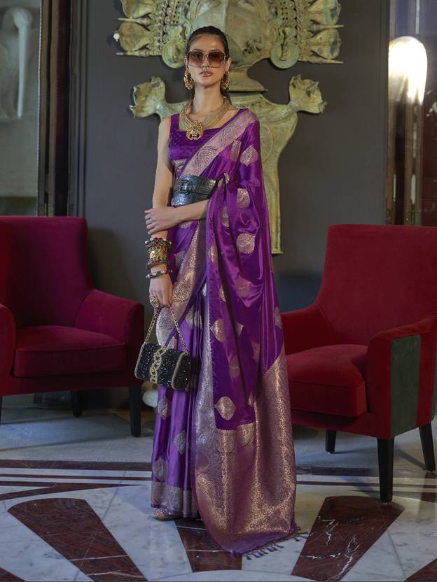 Purple Elegant Kanjivaram Silk Blend Saree with Unstitched Blouse Piece ClothsVilla Main image