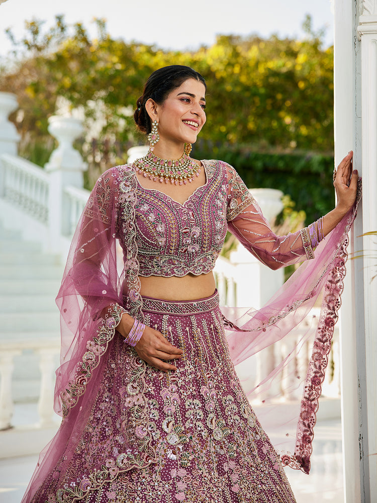 Purple Elegant Multi-Color Sequin Embroidered Net Lehenga Choli Dupatta ClothsVilla