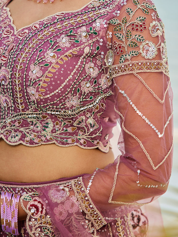 Purple Elegant Multi-Color Sequin Embroidered Net Lehenga Choli Dupatta ClothsVilla