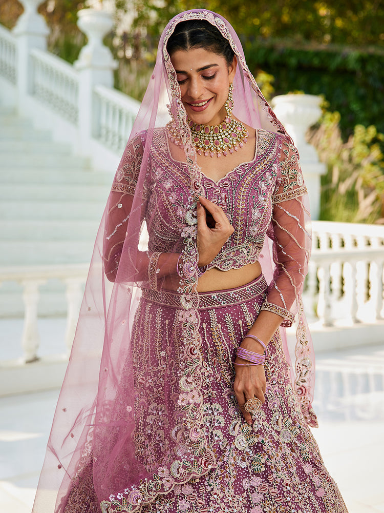 Purple Elegant Multi-Color Sequin Embroidered Net Lehenga Choli Dupatta ClothsVilla