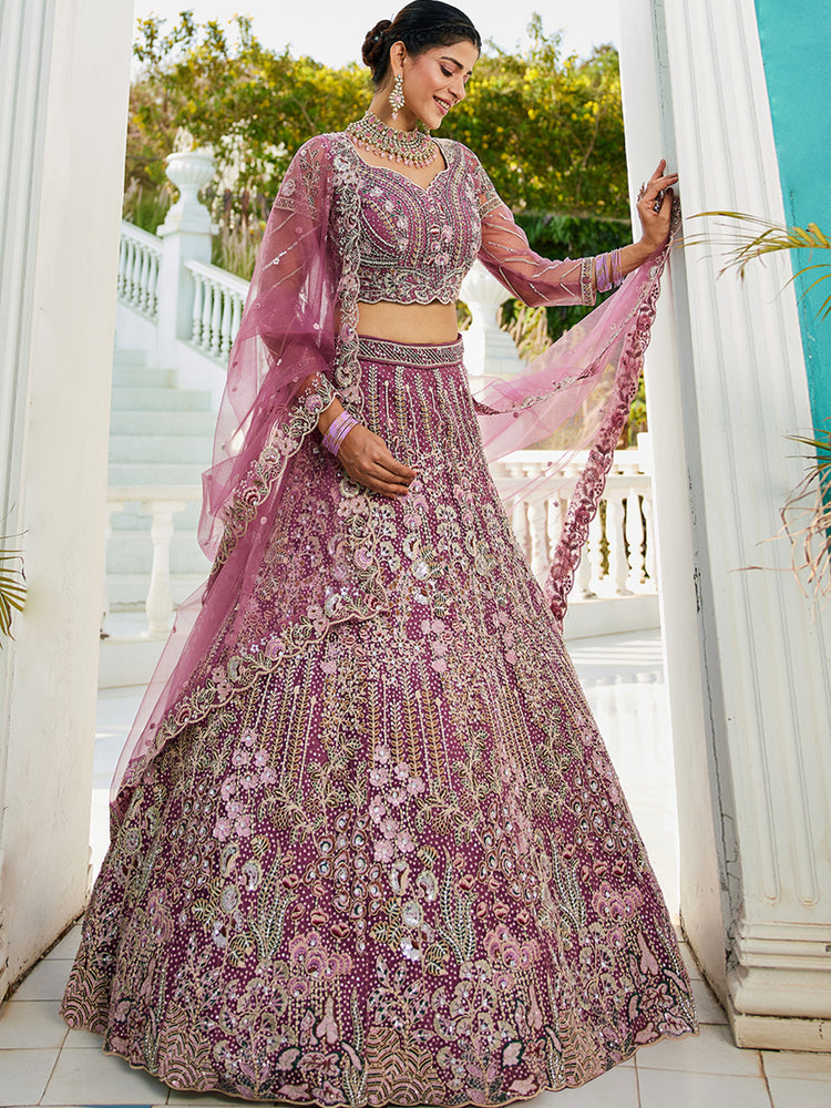 Purple Elegant Multi-Color Sequin Embroidered Net Lehenga Choli Dupatta ClothsVilla