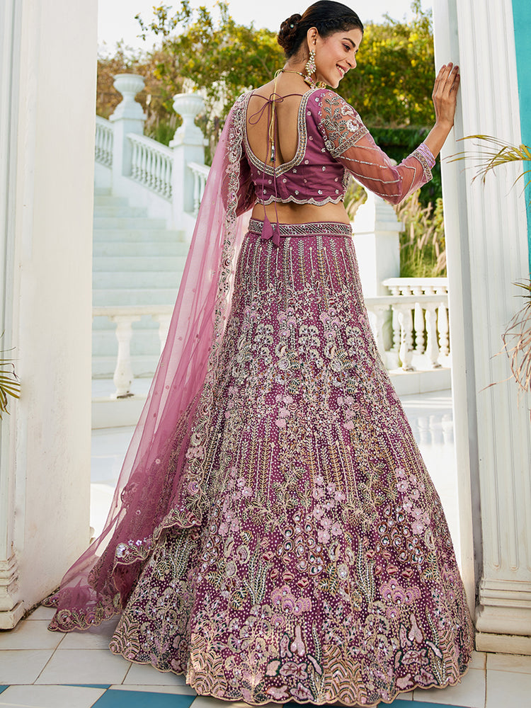 Purple Elegant Multi-Color Sequin Embroidered Net Lehenga Choli Dupatta ClothsVilla