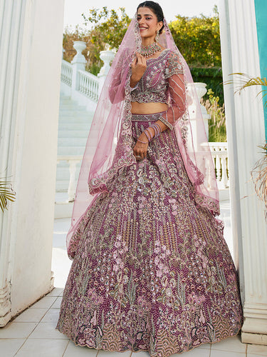 Purple Elegant Multi-Color Sequin Embroidered Net Lehenga Choli Dupatta ClothsVilla