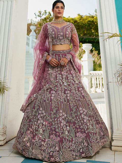 Purple Elegant Multi-Color Sequin Embroidered Net Lehenga Choli Dupatta ClothsVilla Main image