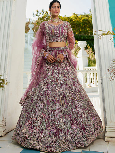 Purple Elegant Multi-Color Sequin Embroidered Net Lehenga Choli Dupatta ClothsVilla