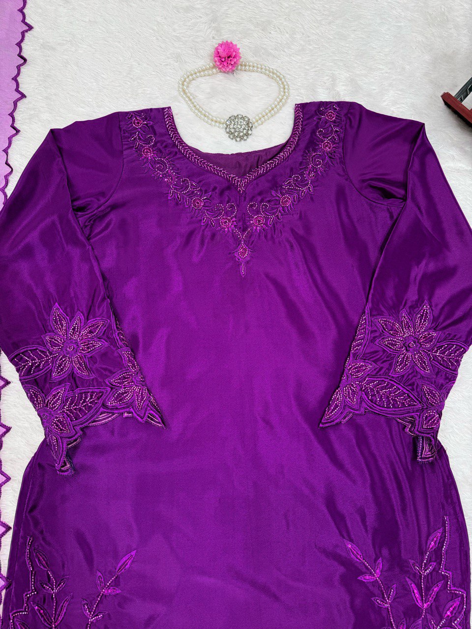Purple Elegant Natural Crepe Farshi Salwar Set with Bead & Thread Work and Butterfly Net Dupatta ClothsVilla