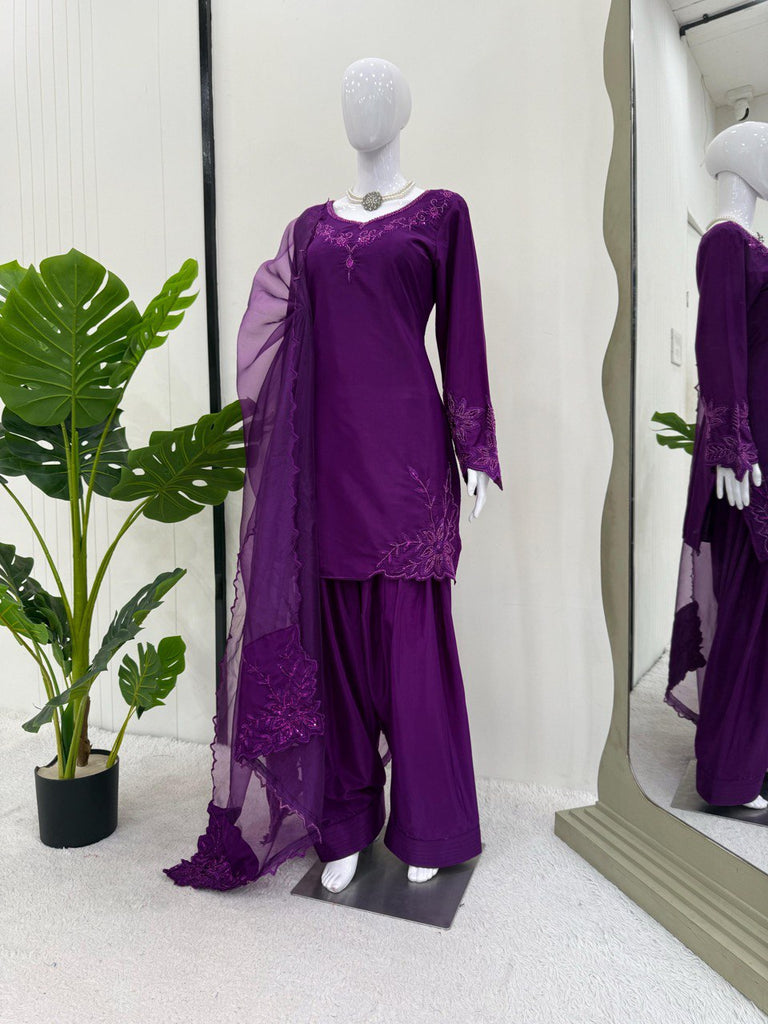 Purple Elegant Natural Crepe Farshi Salwar Set with Bead & Thread Work and Butterfly Net Dupatta ClothsVilla