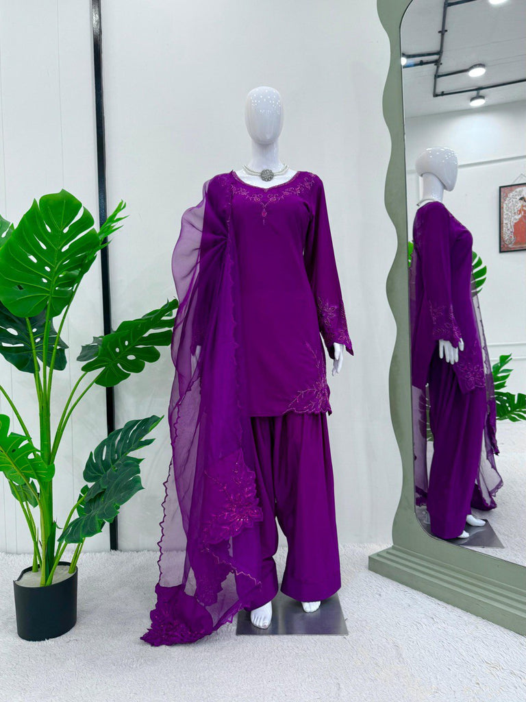 Purple Elegant Natural Crepe Farshi Salwar Set with Bead & Thread Work and Butterfly Net Dupatta ClothsVilla