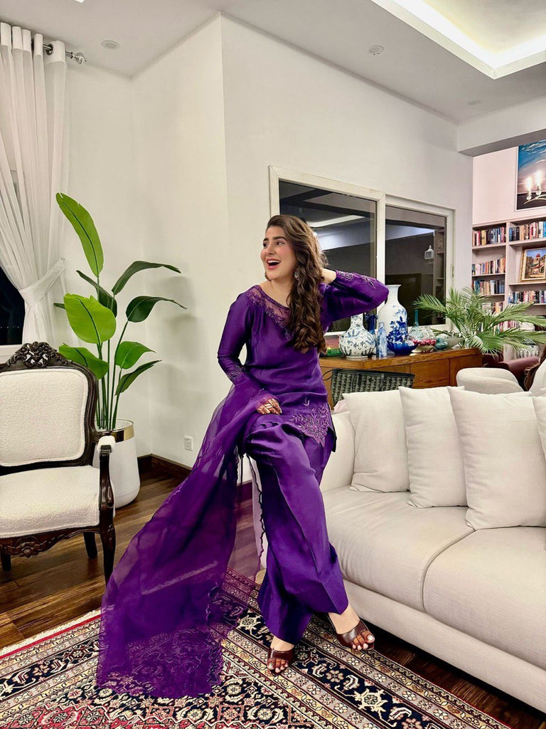 Purple Elegant Natural Crepe Farshi Salwar Set with Bead & Thread Work and Butterfly Net Dupatta ClothsVilla