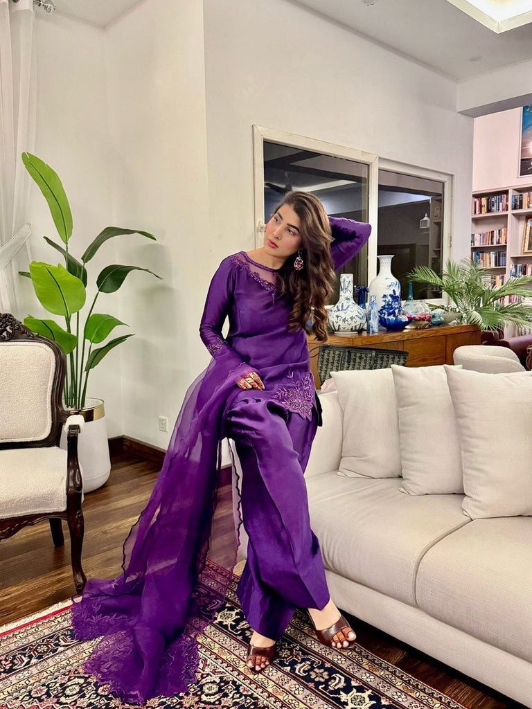 Purple Elegant Natural Crepe Farshi Salwar Set with Bead & Thread Work and Butterfly Net Dupatta ClothsVilla