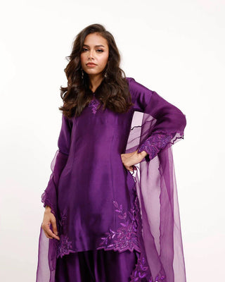 Purple Elegant Natural Crepe Farshi Salwar Set with Bead & Thread Work and Butterfly Net Dupatta ClothsVilla