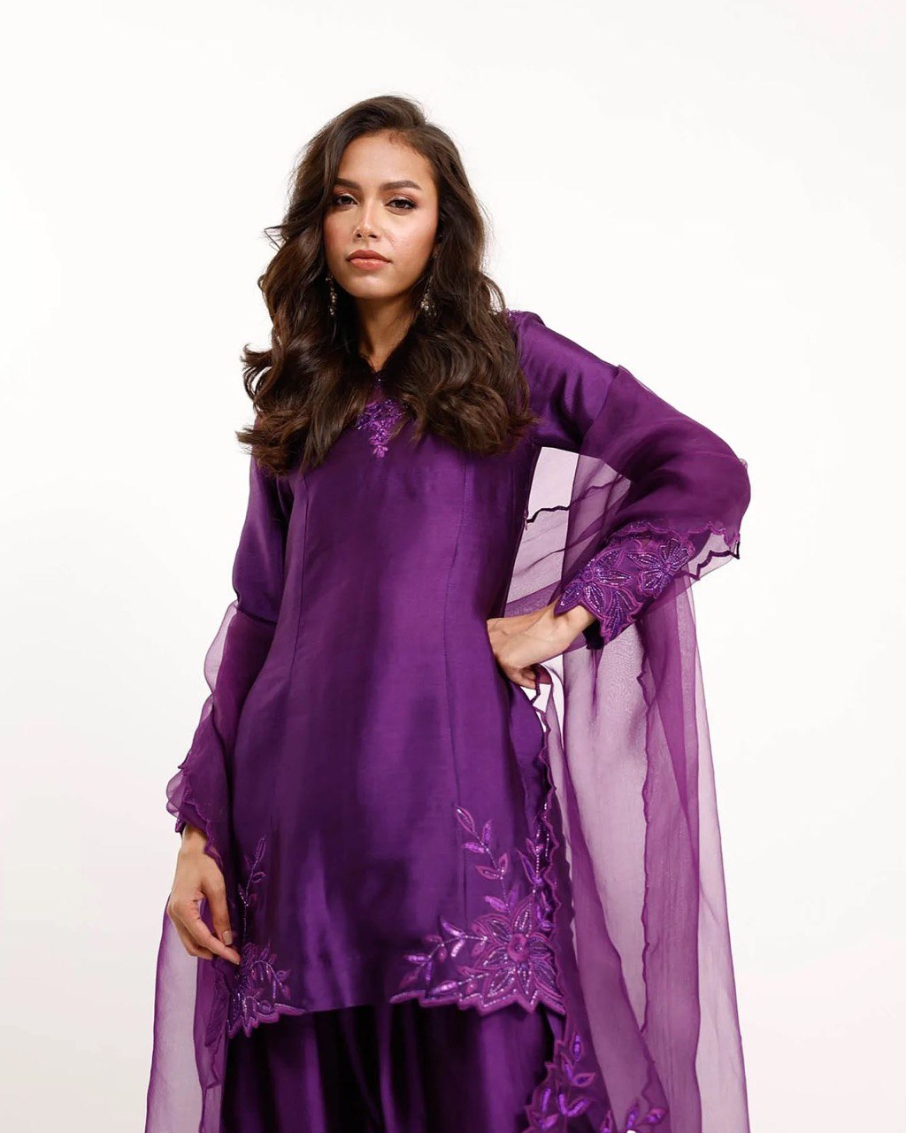 Purple Elegant Natural Crepe Farshi Salwar Set with Bead & Thread Work and Butterfly Net Dupatta ClothsVilla