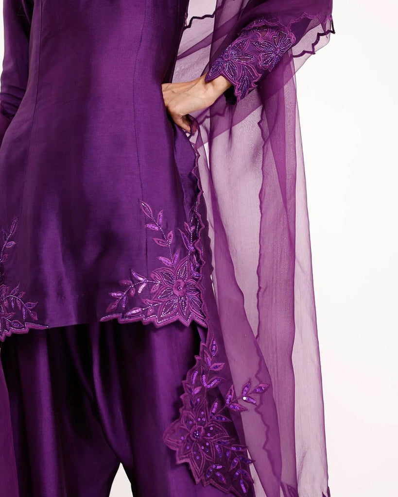 Purple Elegant Natural Crepe Farshi Salwar Set with Bead & Thread Work and Butterfly Net Dupatta ClothsVilla