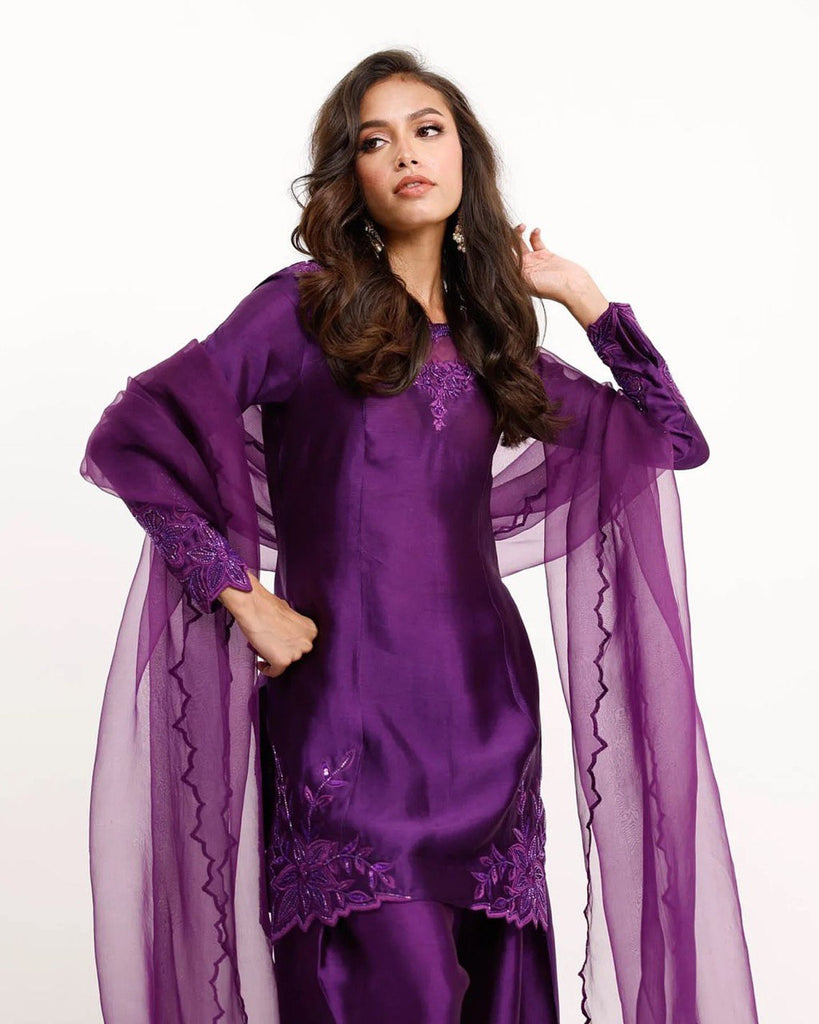 Purple Elegant Natural Crepe Farshi Salwar Set with Bead & Thread Work and Butterfly Net Dupatta ClothsVilla