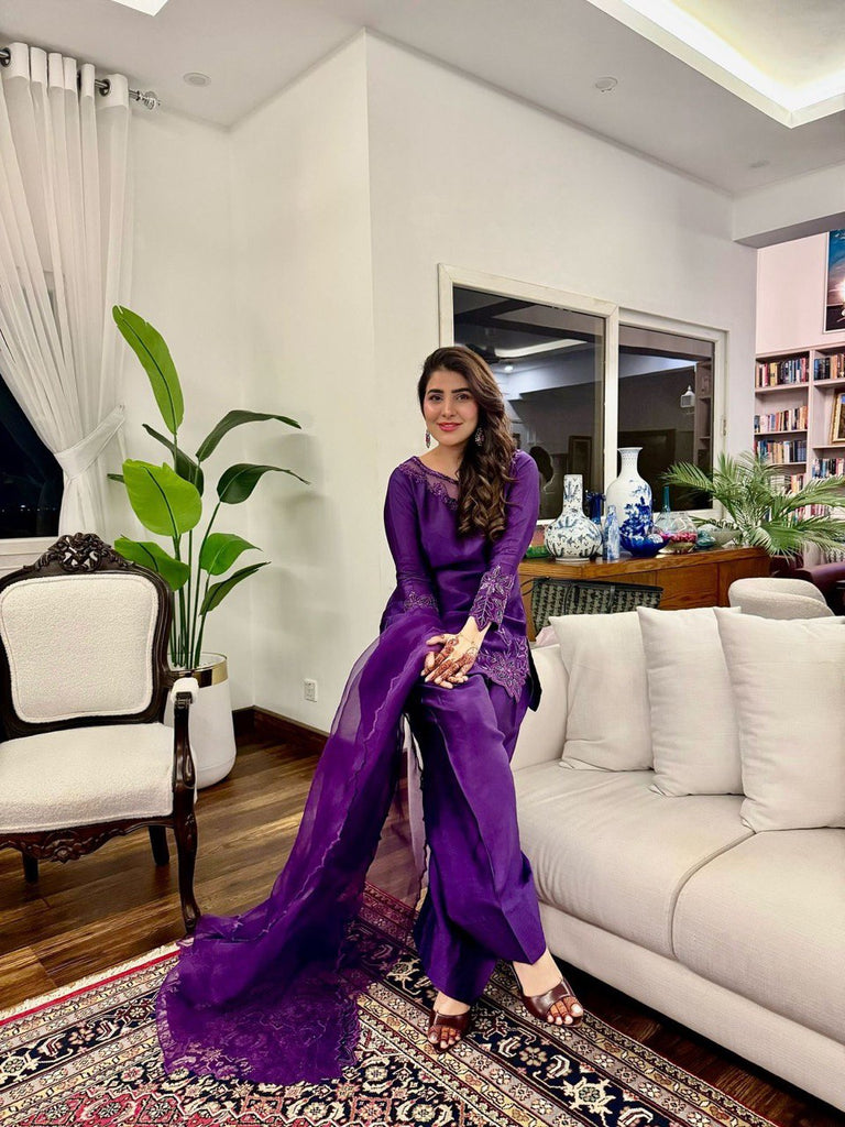 Purple Elegant Natural Crepe Farshi Salwar Set with Bead & Thread Work and Butterfly Net Dupatta ClothsVilla